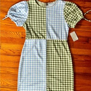 Women's Gingham Checkered Mini Dress - Mint Blue and Forest Green